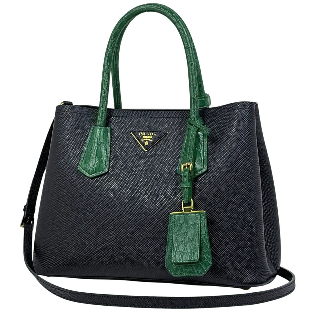 Prada Double Bag Shoulder Handbag Leather Black Green